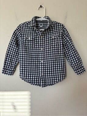 JANIE and JACK Gingham Linen/Cotton Button Down Shirt Navy Blue & White Sz 3